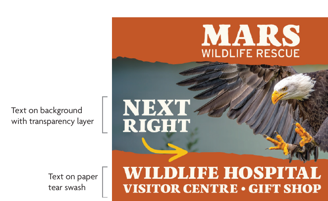 MARS eagle poster: text on a background with a transparency layer, and text on a paper-tear swash